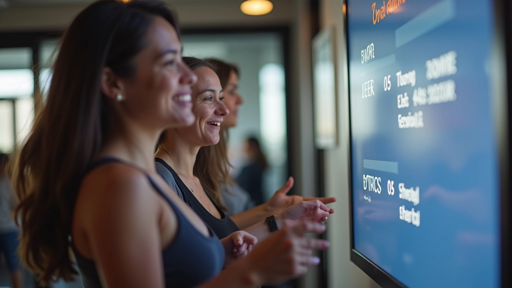 Group of smiling adults checking event schedules on a digital display board