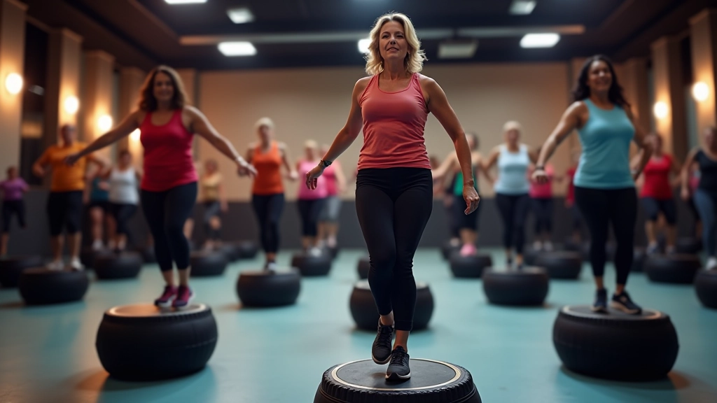 Group fitness class participants doing step aerobics on platforms during cardio workout