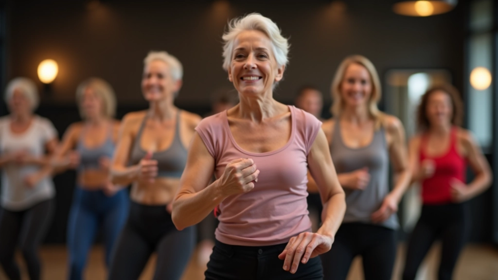 Line of mature adults executing synchronized line dance steps in formation during a class