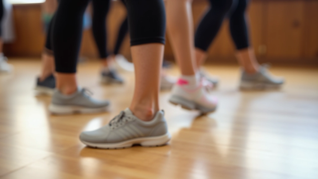 Close-up of adults' feet in athletic shoes on a wooden dance floor, showing basic line dance positioning