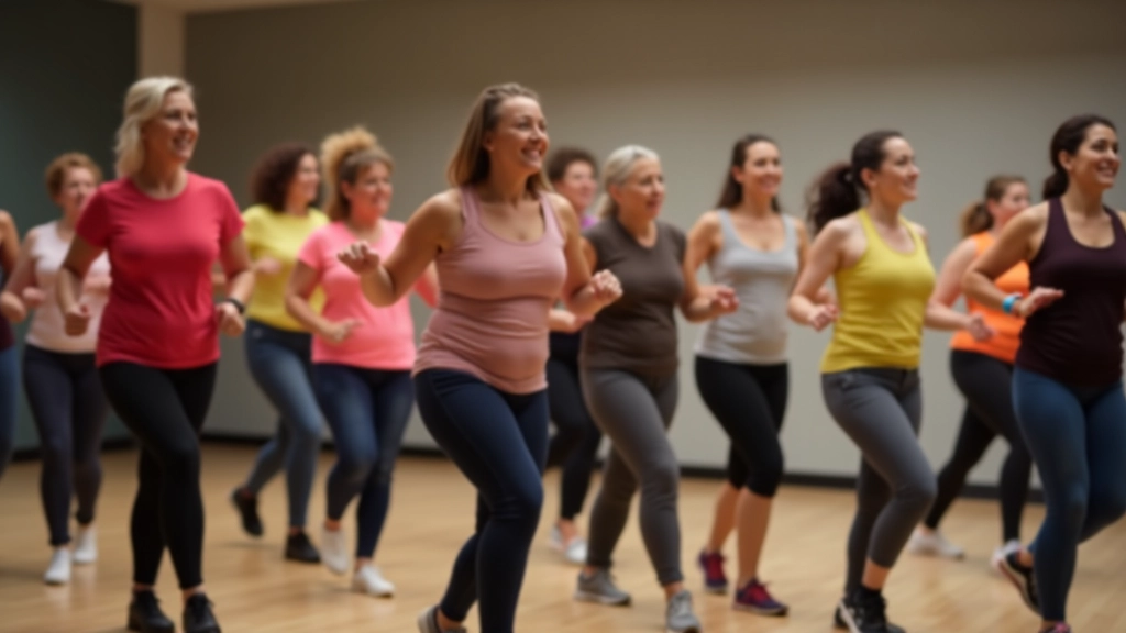 Line dancers moving in synchronized formation during a group fitness class