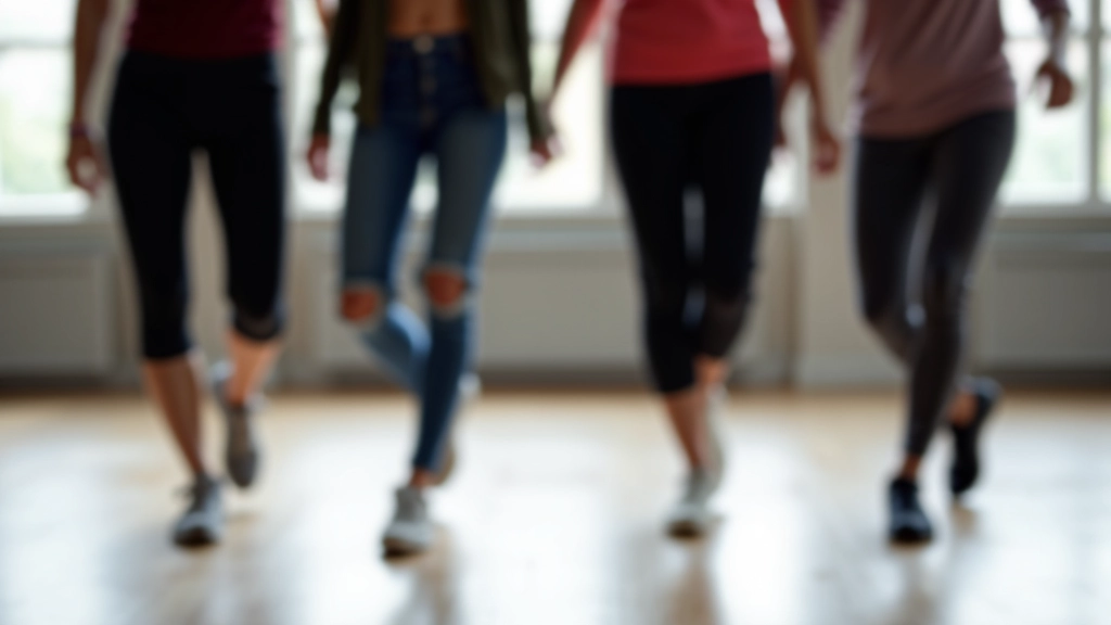 Close-up view of diverse adults' feet and lower bodies while dancing in a Zumba class, showing movement and rhythm