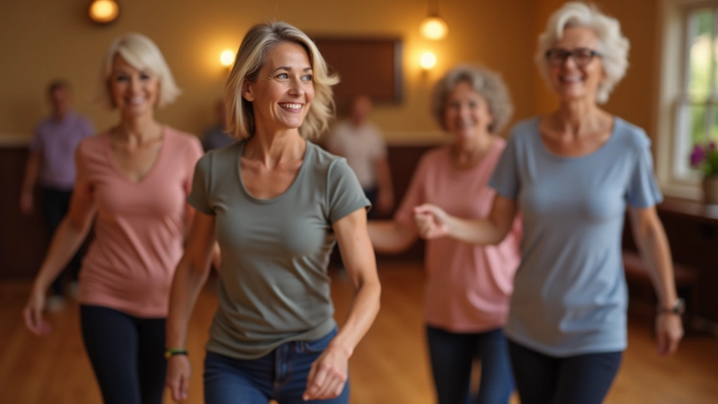 Group of mature adults line dancing together at a fitness event in casual athletic clothing